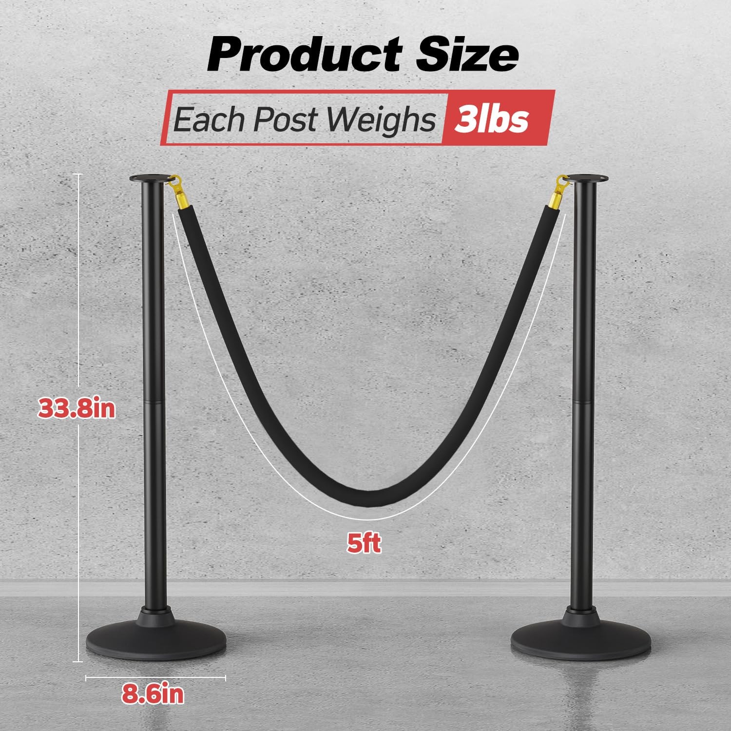 2 PCS Plastic Stanchion Posts Black Velvet Ropes Weighted Base Crowd Control