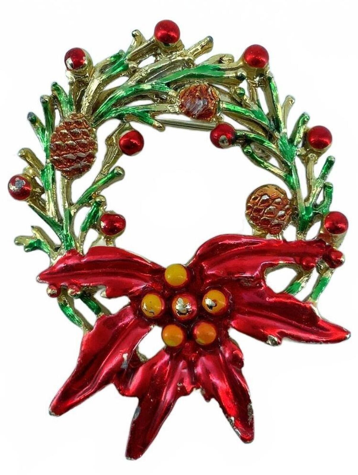 Vintage Enamel Goldtone Christmas Wreath Poinsettia Pin Red Green Holiday Brooch