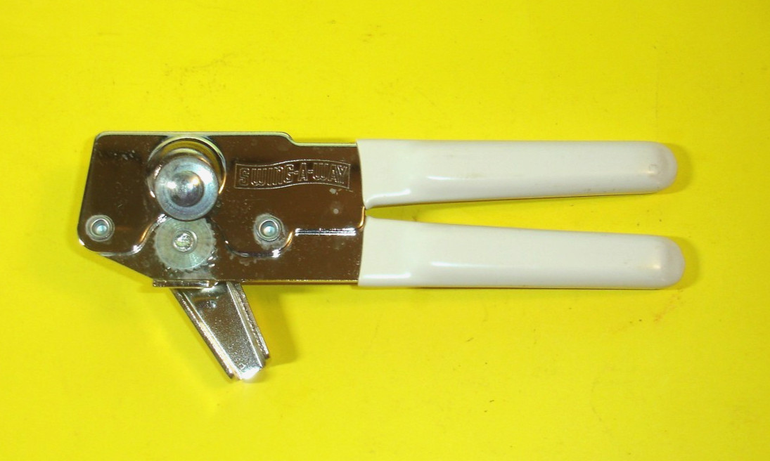 Vintage SWING-A-WAY Swing Away Can Opener White Grips Made in USA 6.25" VGC