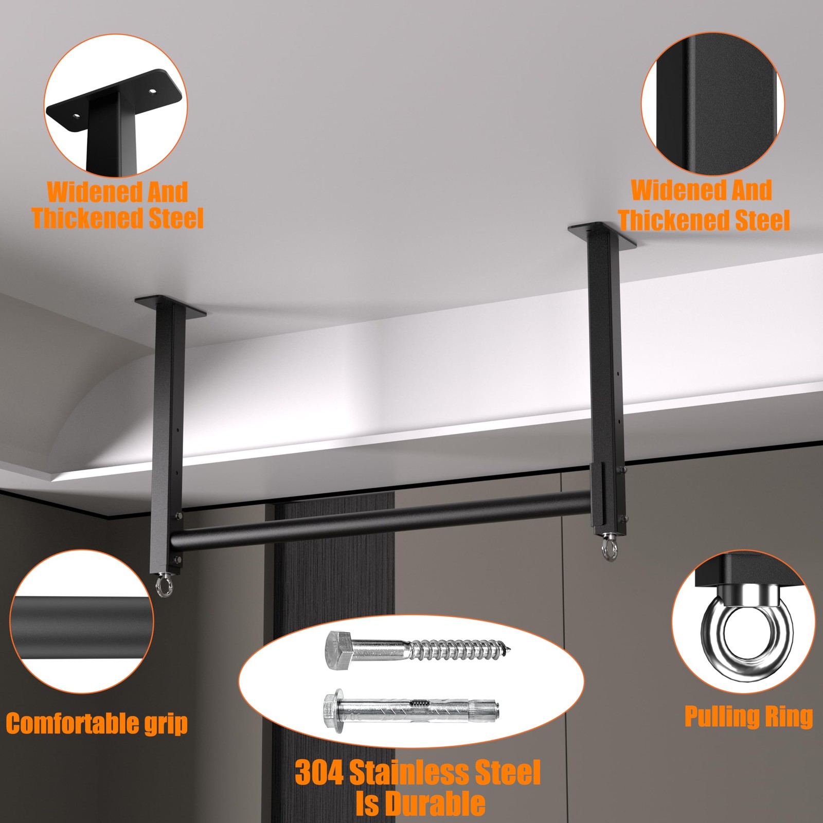 Ceiling Mounted Pull Up Bar, 3 Adjustable Heavy Duty Pull Up Bars, 16"/24" Ra...