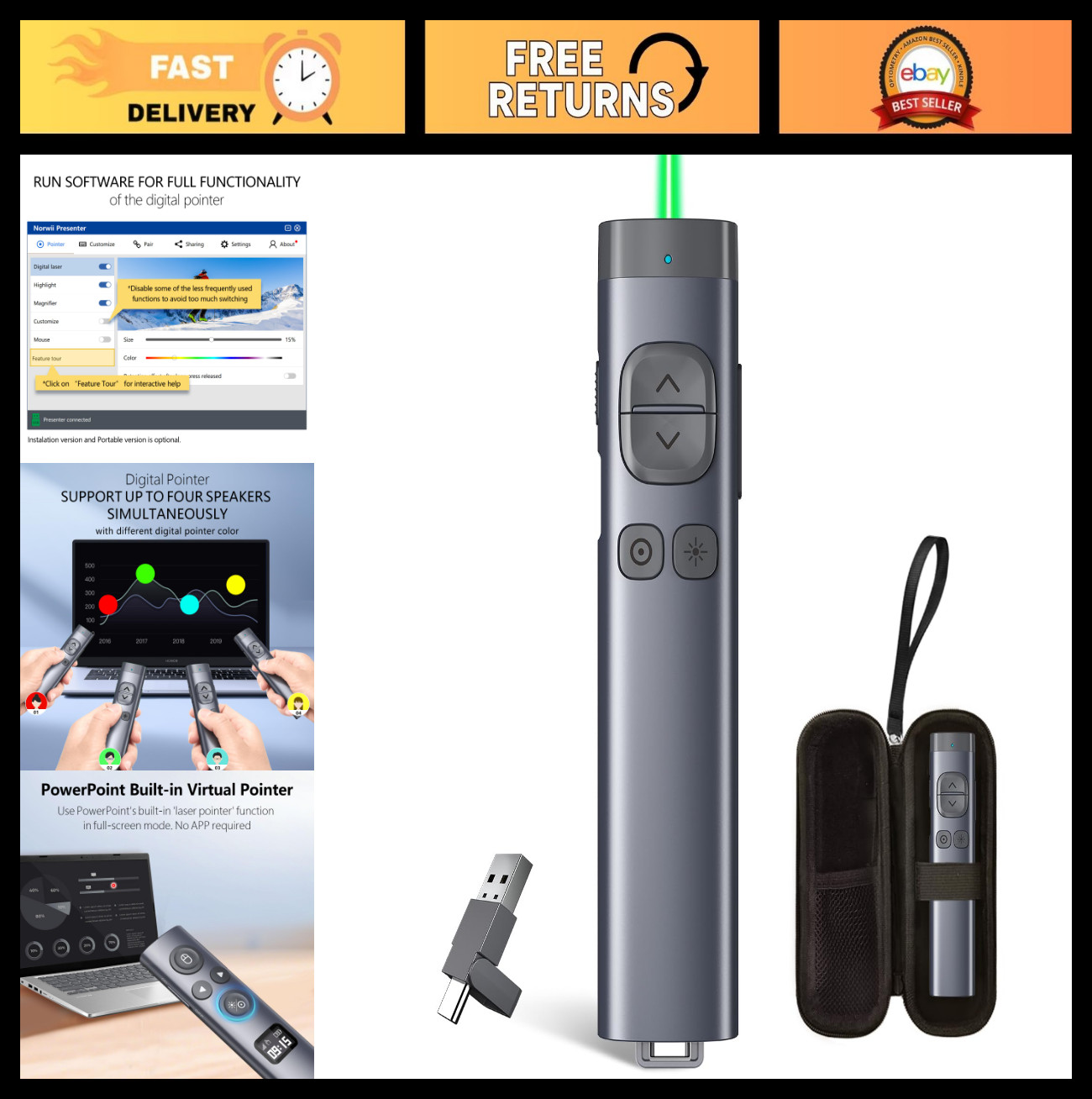 Wireless Presentation Clicker for PowerPoint, Bluetooth Remote, Digital Pointer
