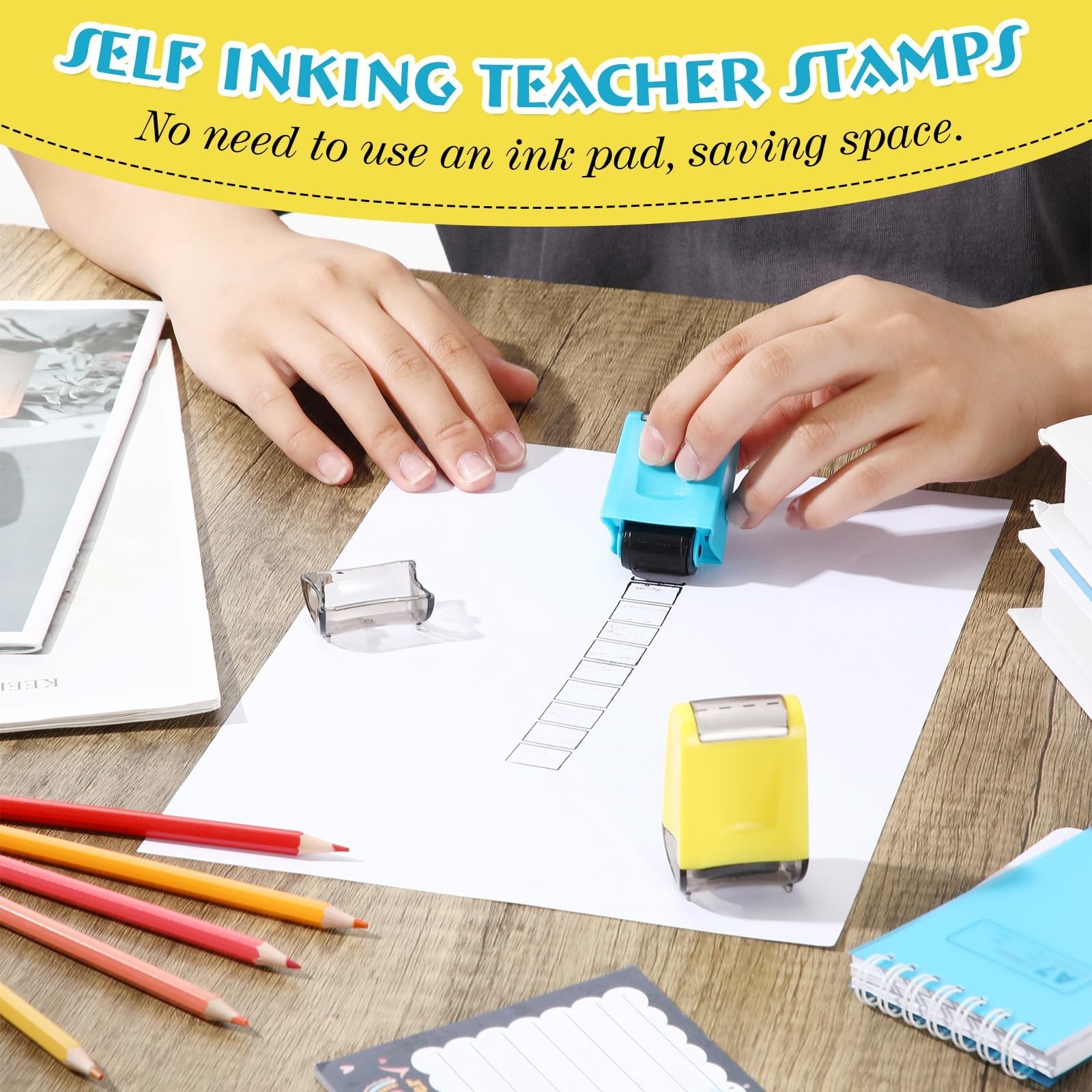 2 PCS Teacher Stamps Square Grids Dashed Lines Self Ink Practice Roller