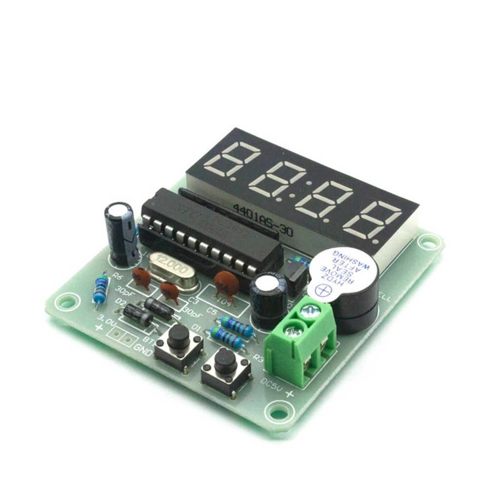 4 Digit LED Clock Kit for Beginners with Alarm Timer Stopwatch and 52x55mm PCB