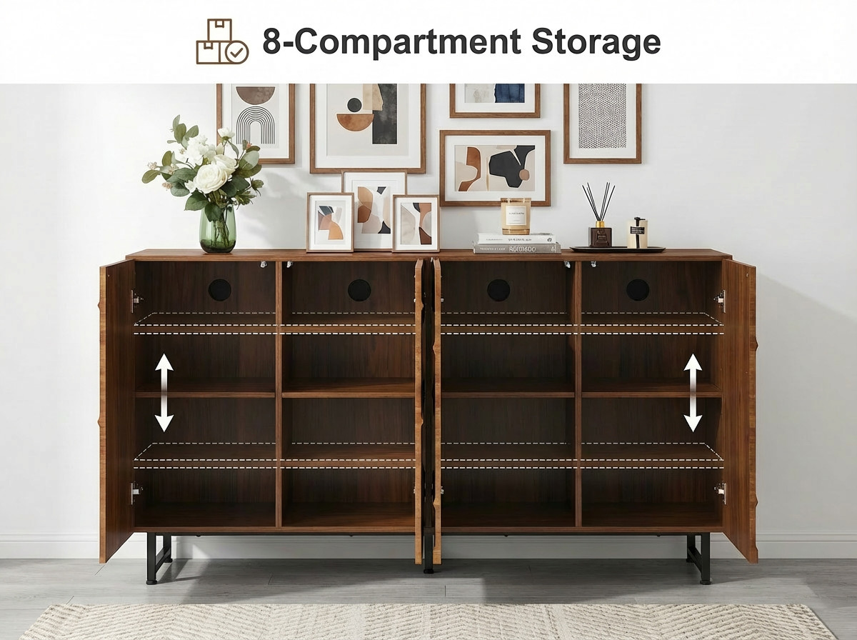Modern Art Solid Wood Sideboard,59*16*35inch, Wave Relief Design, Walnut Textu