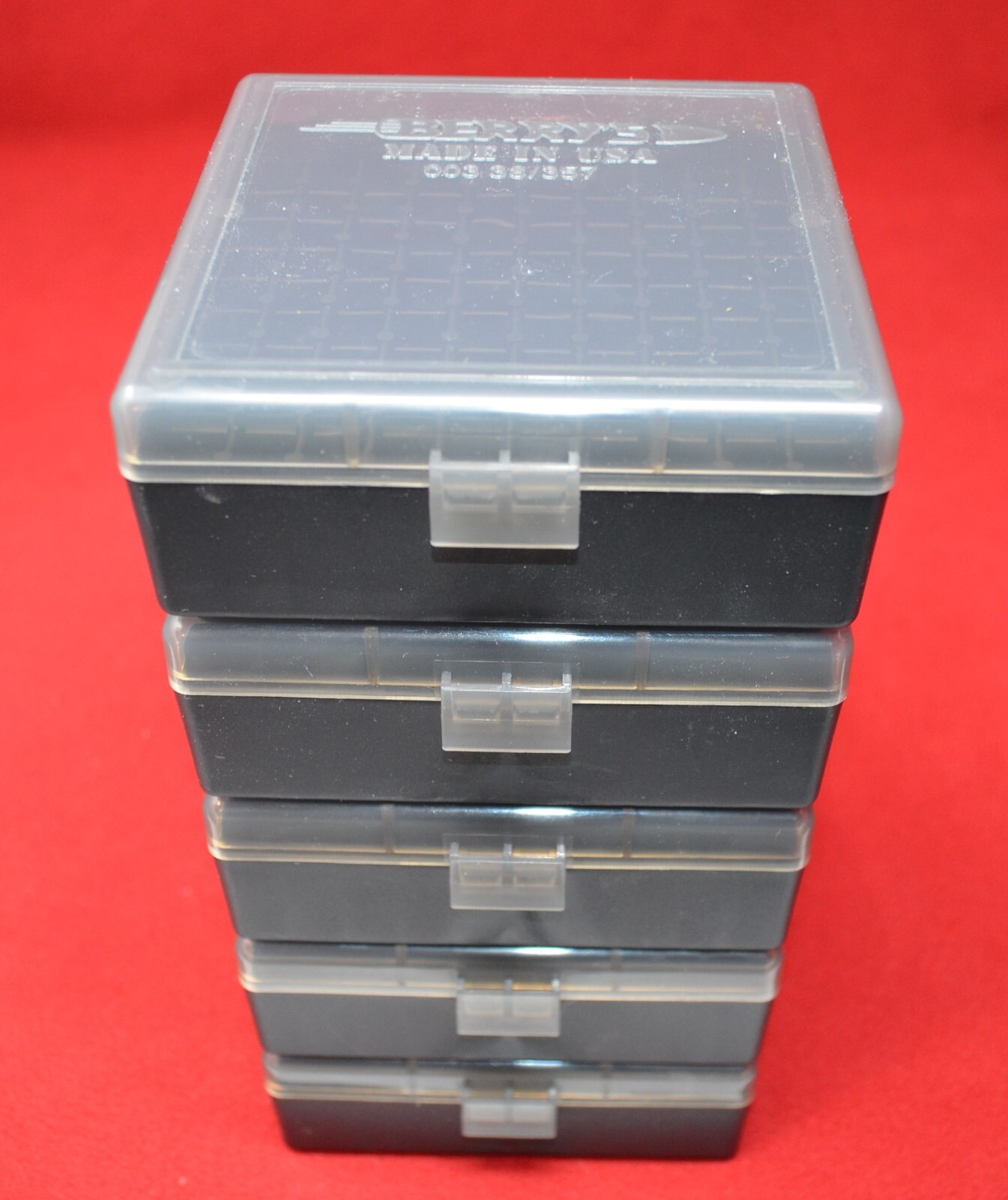 5 x BERRY'S PLASTIC AMMO BOX, SMOKE/BLACK 100 Round 357/38 -