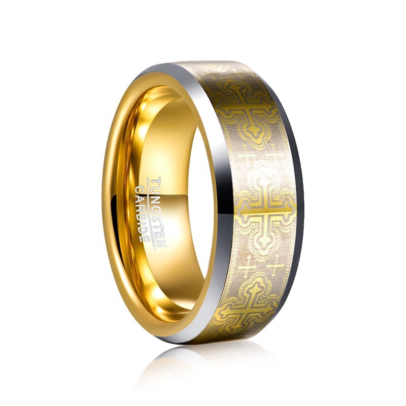 8mm Mens Ring Tungsten Cross Wedding Band Promise Ring for Him Gold Plated Bevel