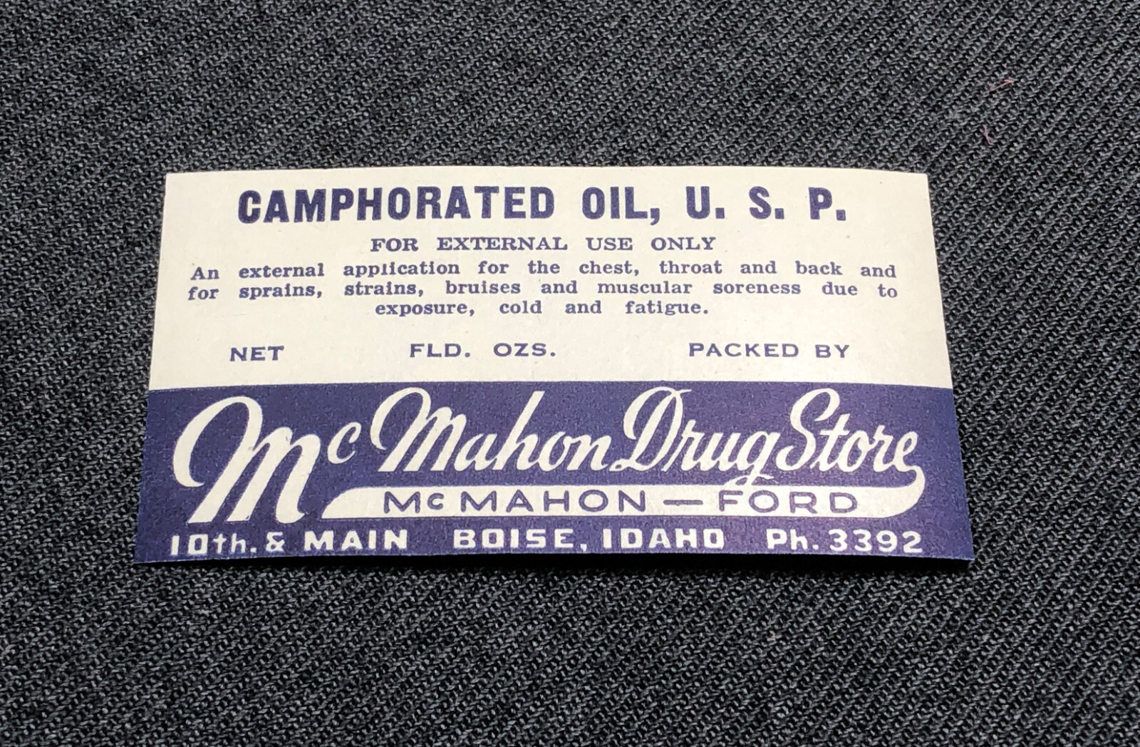 Vintage Unused Camphorated Oil Bottle Label Apothecary Medicine Pharmacy Montana
