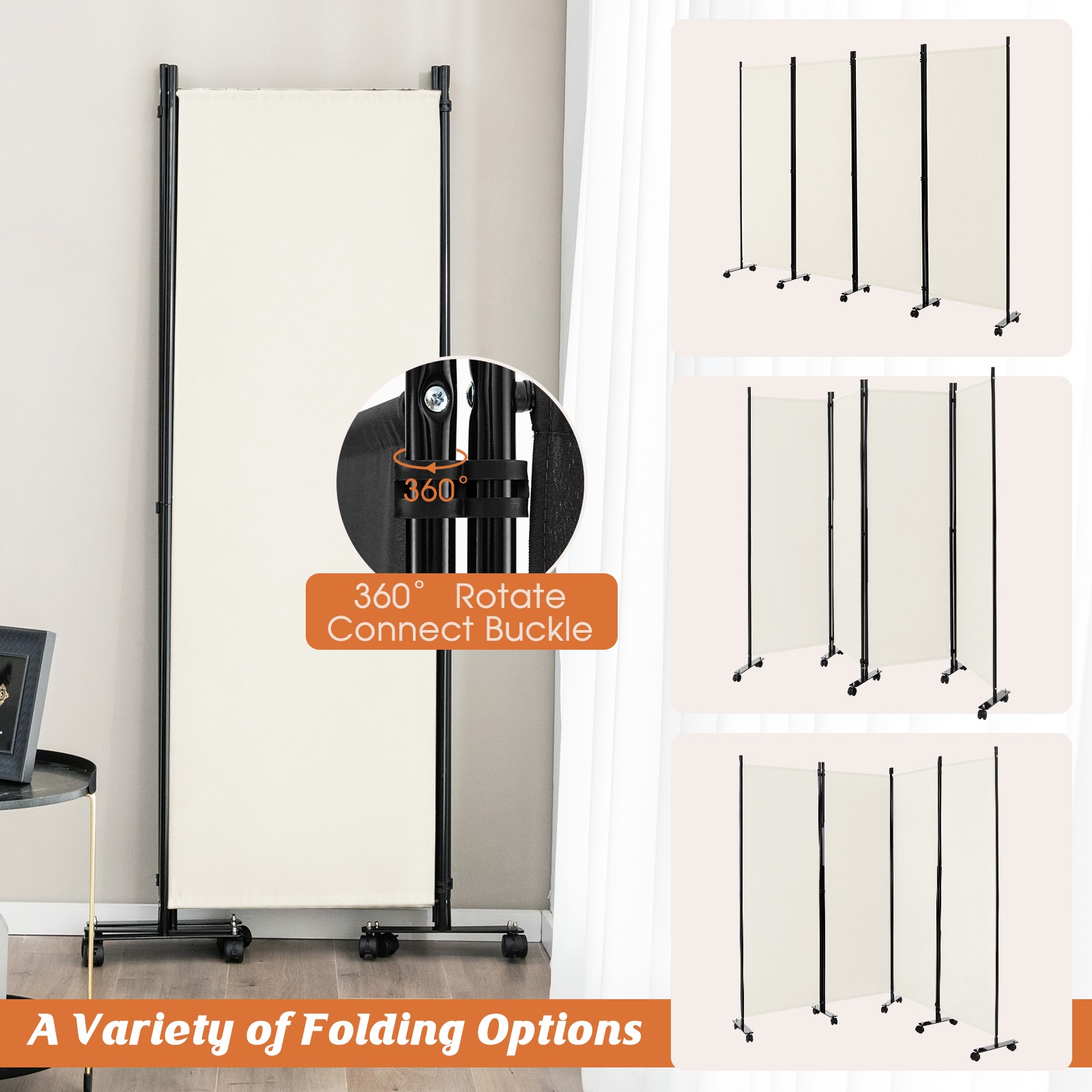 4-Panel Folding Room Divider 6' Rolling Privacy Screen w/ Lockable Wheels White