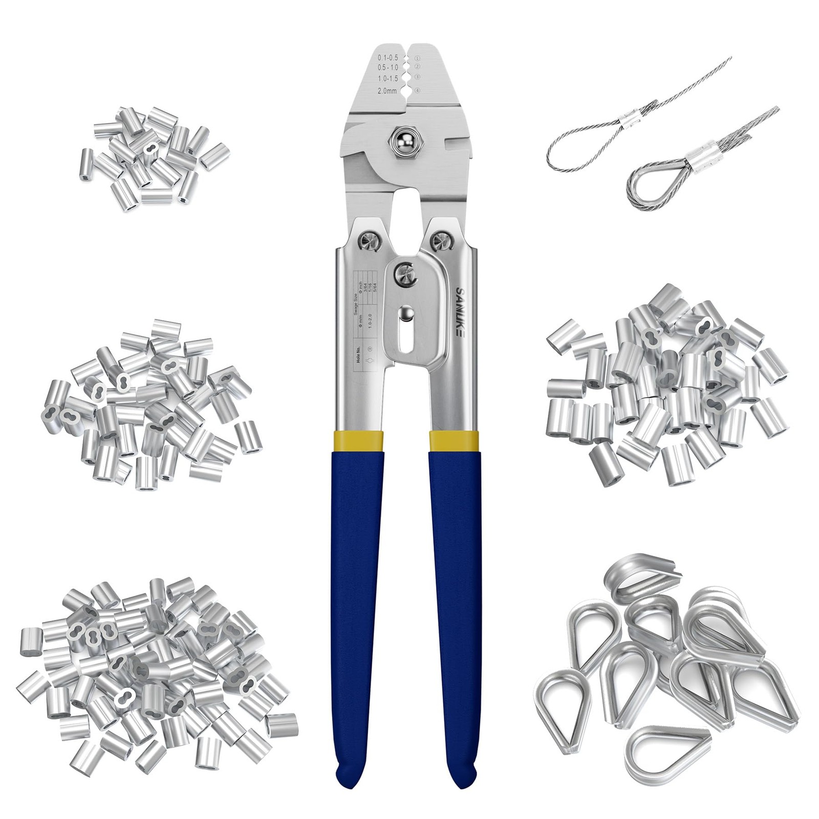 Sanuke Wire Rope Crimping Swaging Tool Cable Crimps up to 0.1-2.2mm, Silver
