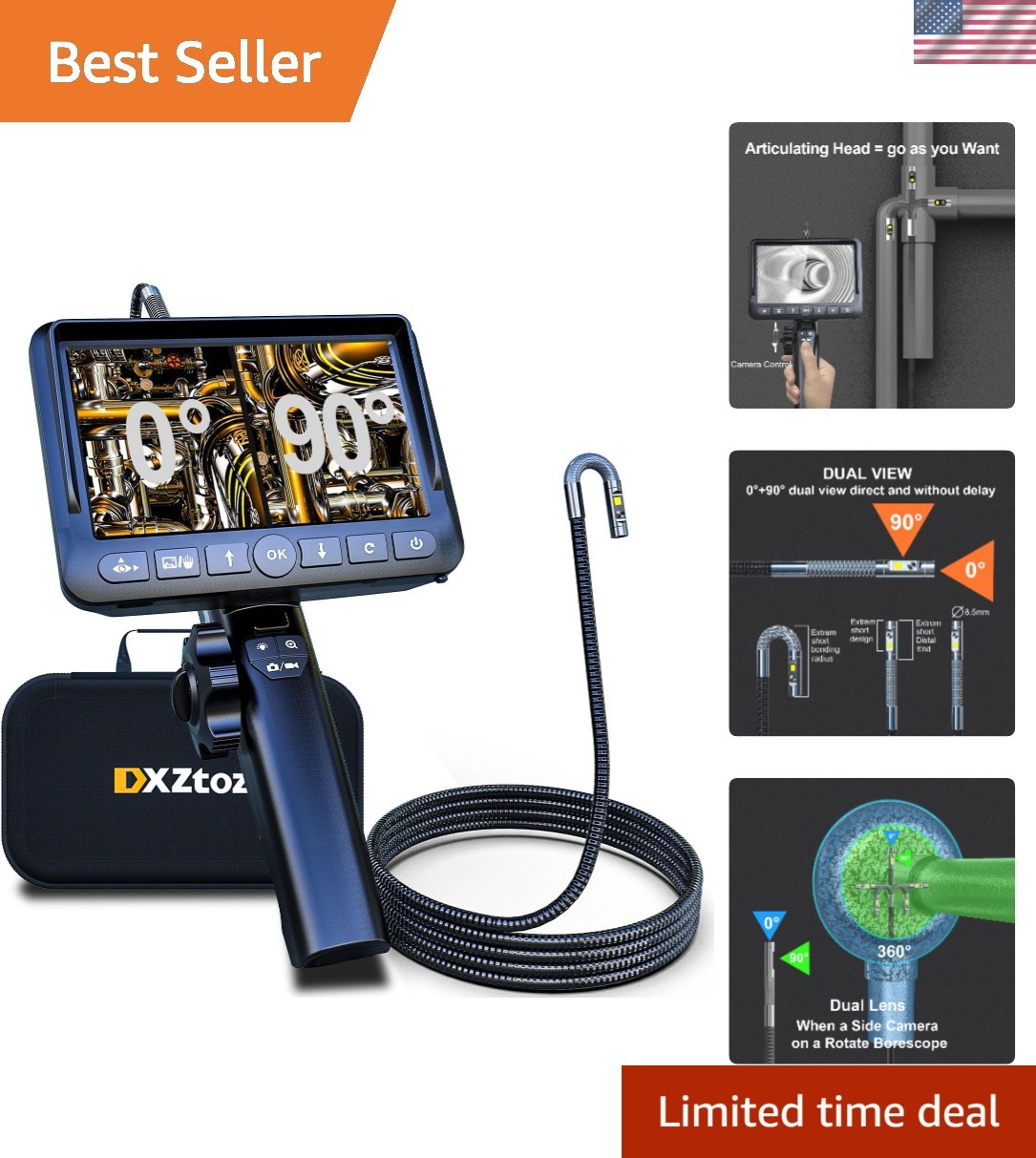 Dual-Lens Articulating Borescope Inspection Camera 5FT Waterproof 1080P