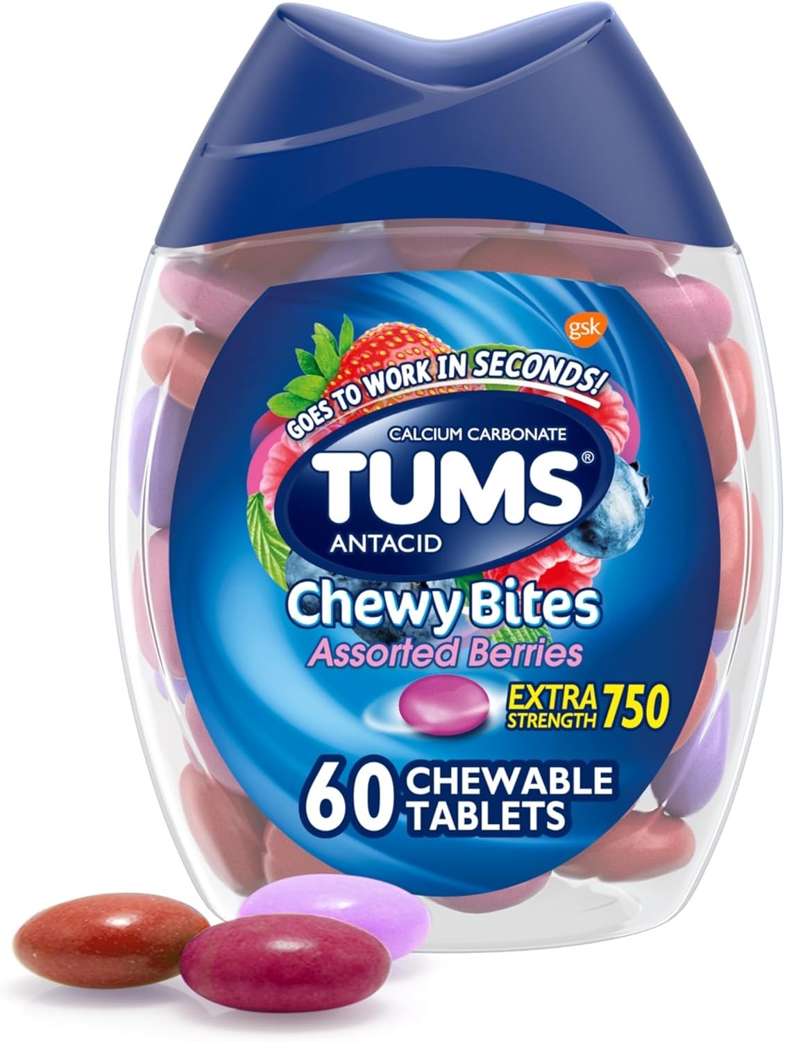 TUMS Chewy Bites 60 Ct Heartburn Relief Antacid Assorted Berries
