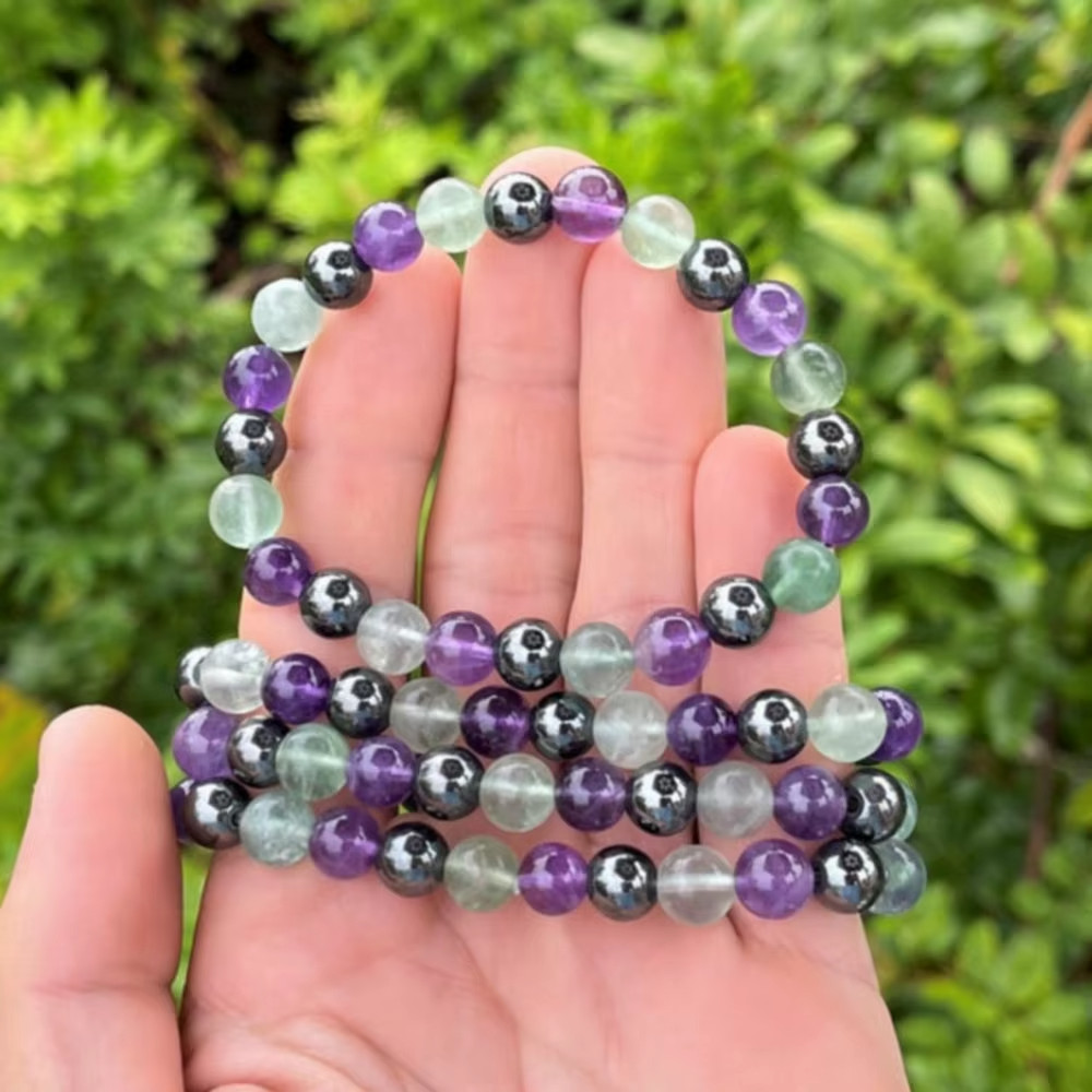 Empath Protection Amethyst Fluorite Hematite Healing Chakra Stretch Bracelet
