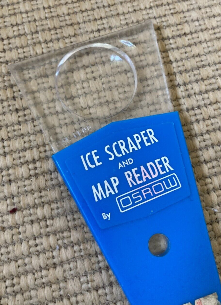 Vintage 7 1/2 inch Osrow Ice Scraper With Map Reader Magnifier Blue
