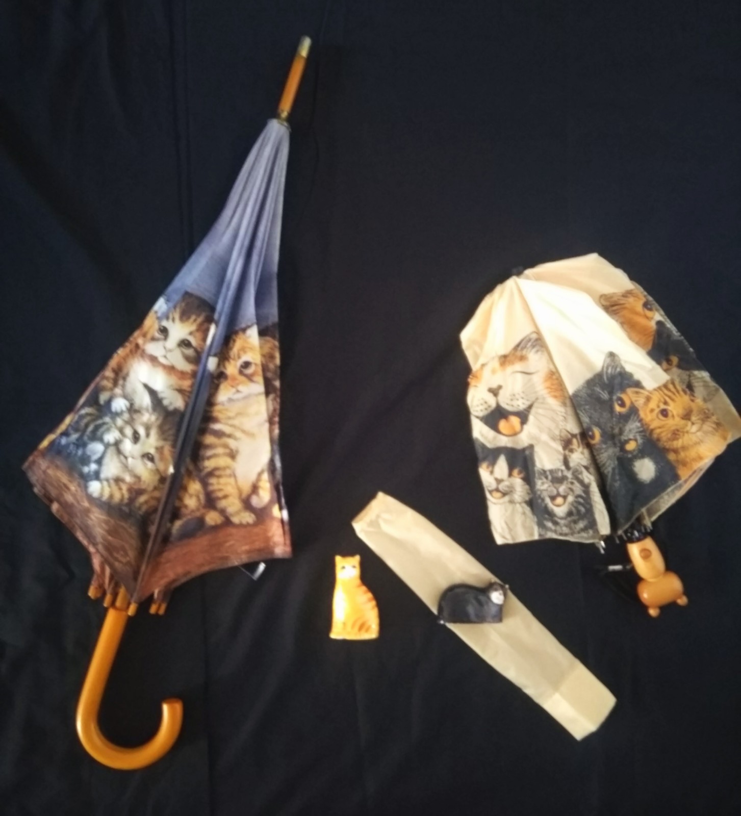 VINTAGE CAT UMBRELLA SET WOOD SHAFT + CAT HANDLE + SHAKERS BUNDLE RARE KITTY LOV