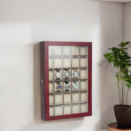 TIMELYBUYS 30 Piece Cherry Wood Watch Display Wall Case