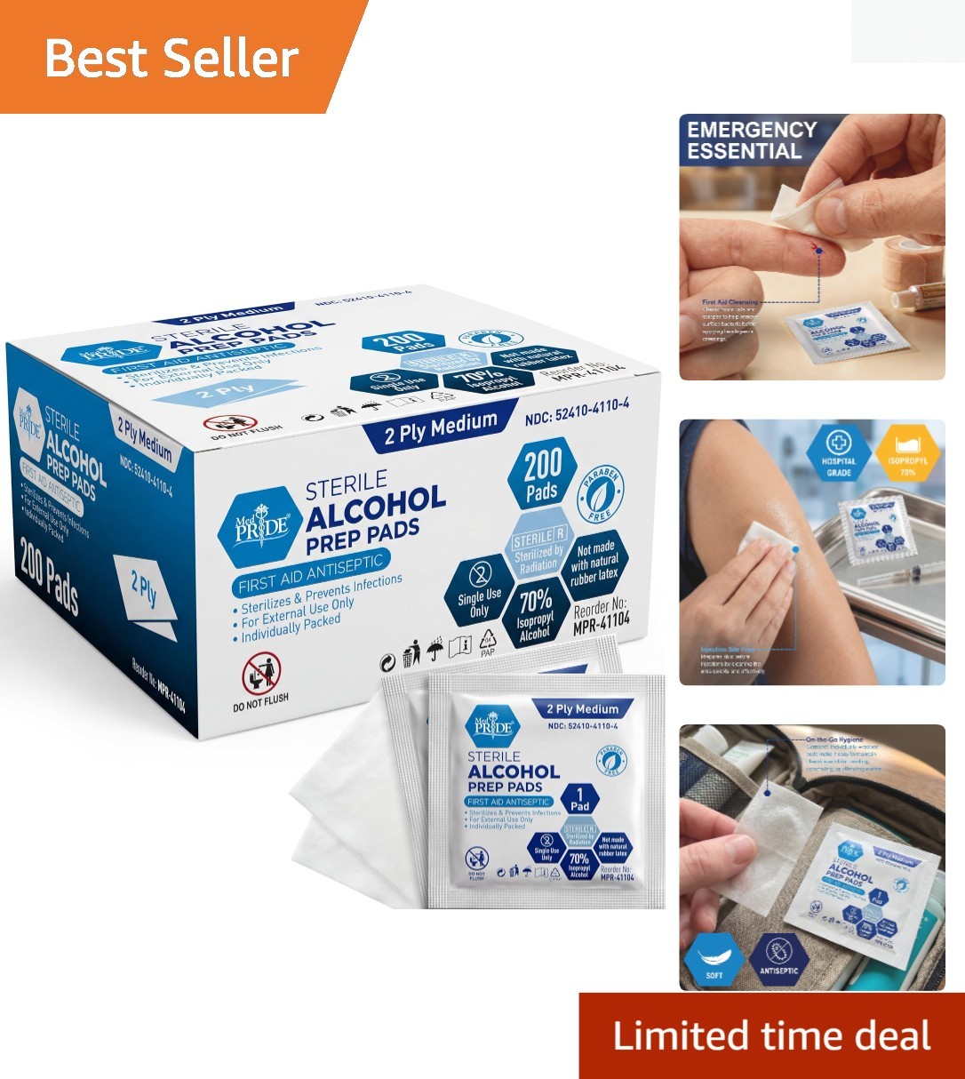 Individually Wrapped Alcohol Prep Pads - 200 Count for Infection Prevention