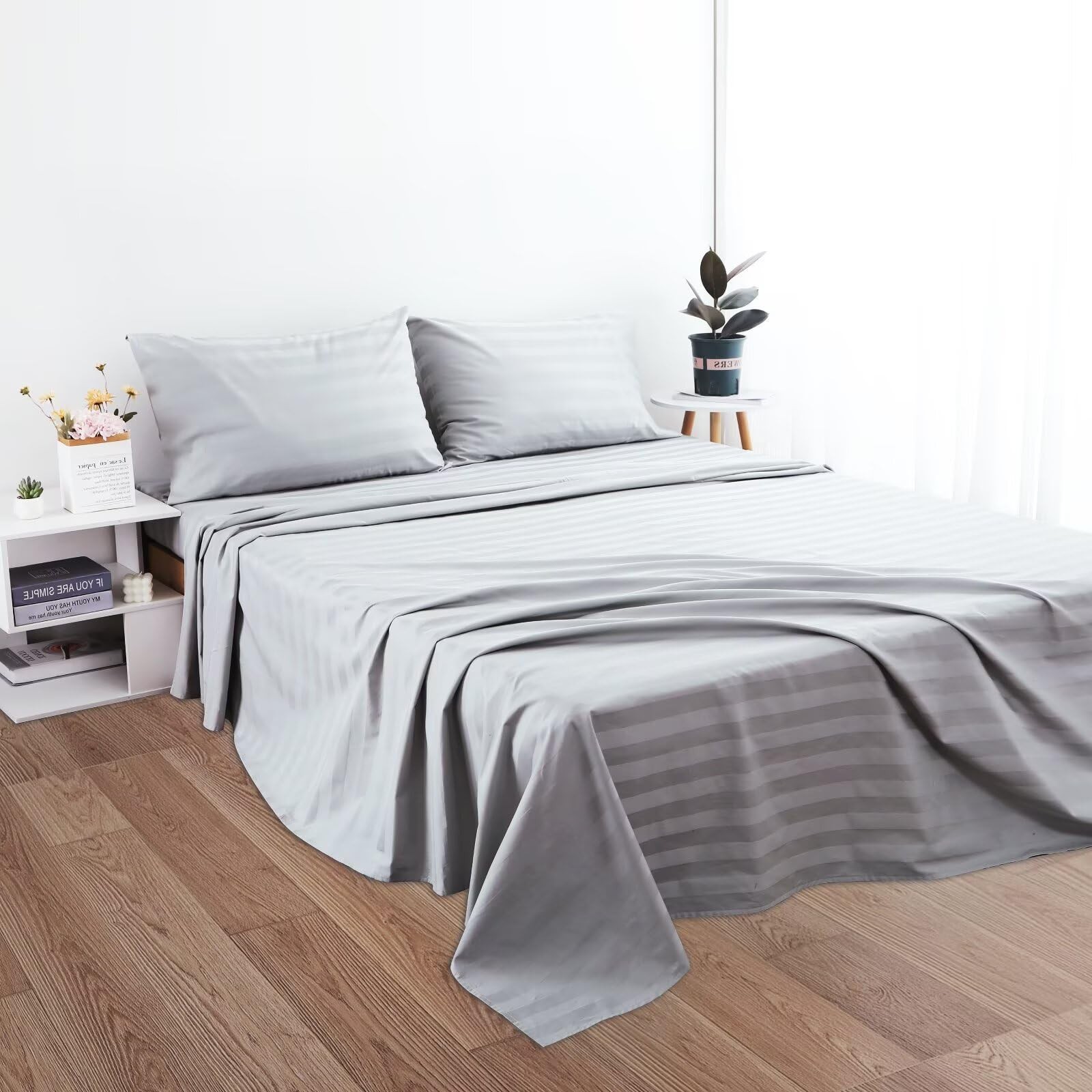 2-Pack Queen Flat Sheet 600 Thread Count 100% Egyptian Cotton Striped-Grey