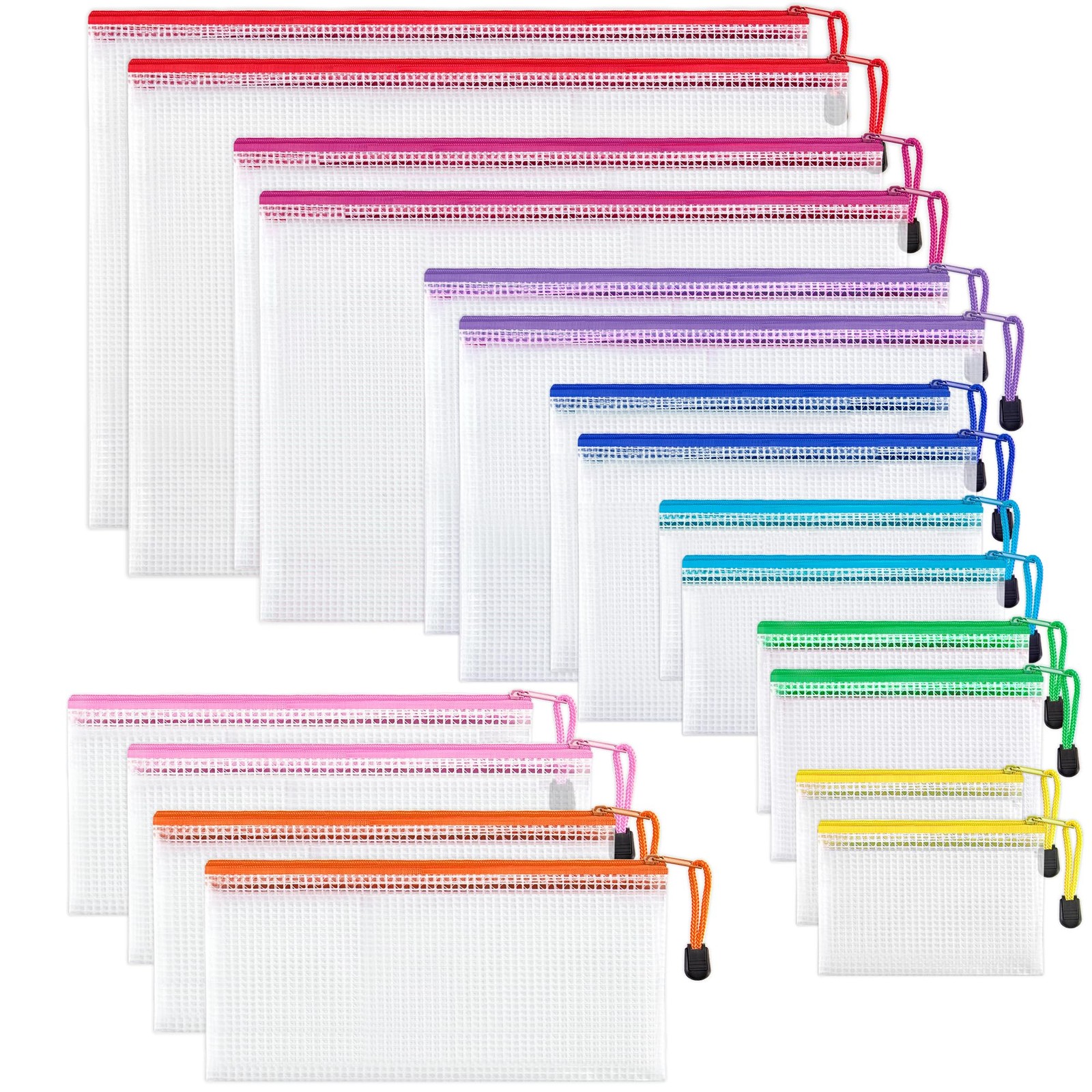 18 Pack 8 Sizes Mesh Pouch, 9 Colors, Waterproof Zipper Bags Document Multipu...