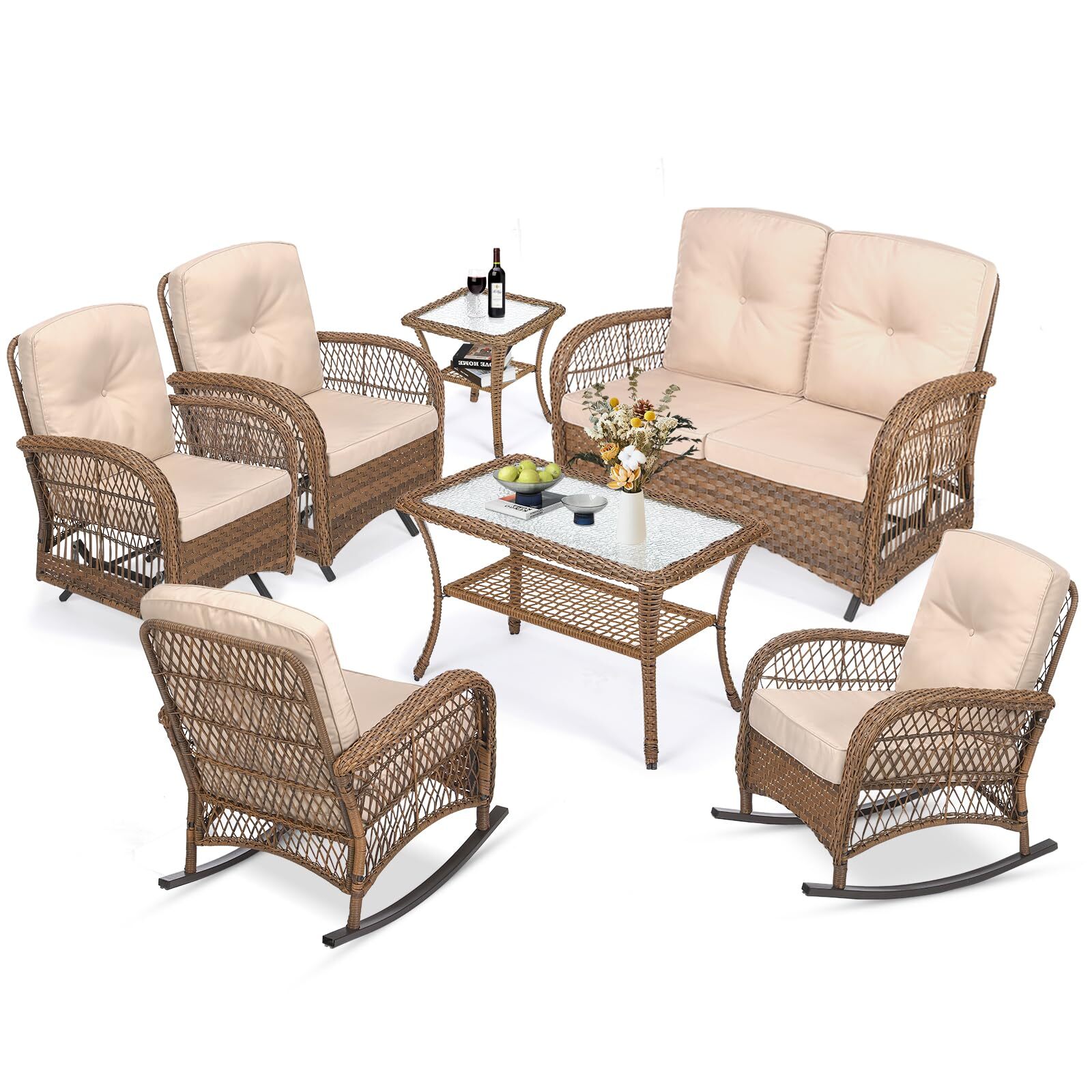 7 Pieces Outdoor Patio Rattan Furniture Sets Patio Wicker Conversation Set