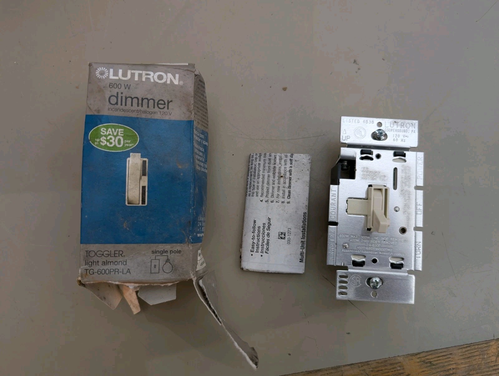 LUTRON TG-600PR-LA DIMMER TOGGLER SINGLE POLE 600W Light Almond !Charity!
