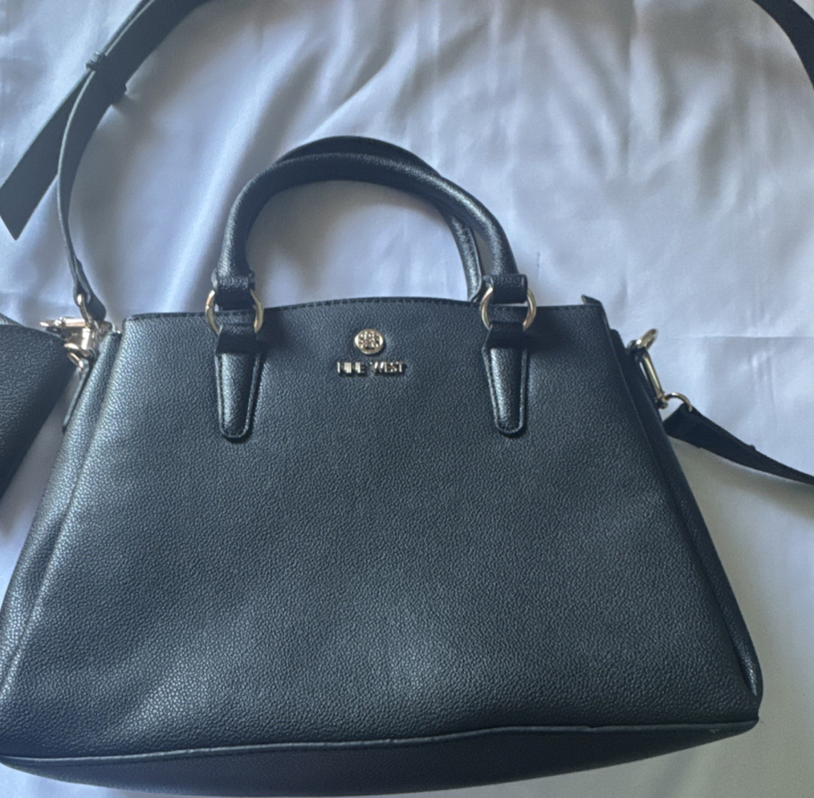 Nine West Black Satchel Detachable Strap Zip Closure Gold Hardware