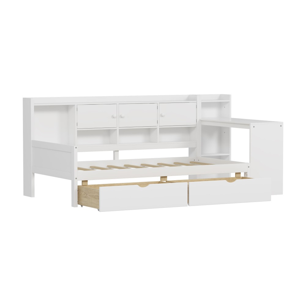 White L-Shape Daybed w/ Storage Cabinets & Desk, Twin Size