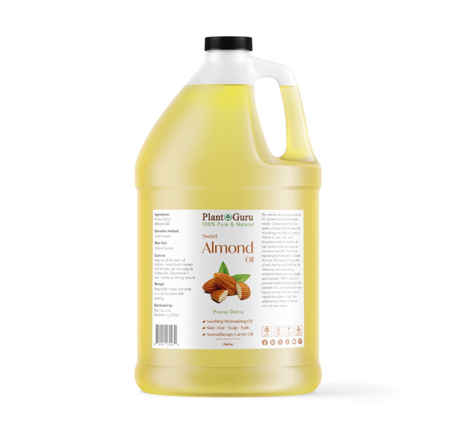 Sweet Almond Oil Gallon 7.5 lbs. 100% Pure Natural Cold Pressed For Skin Hair