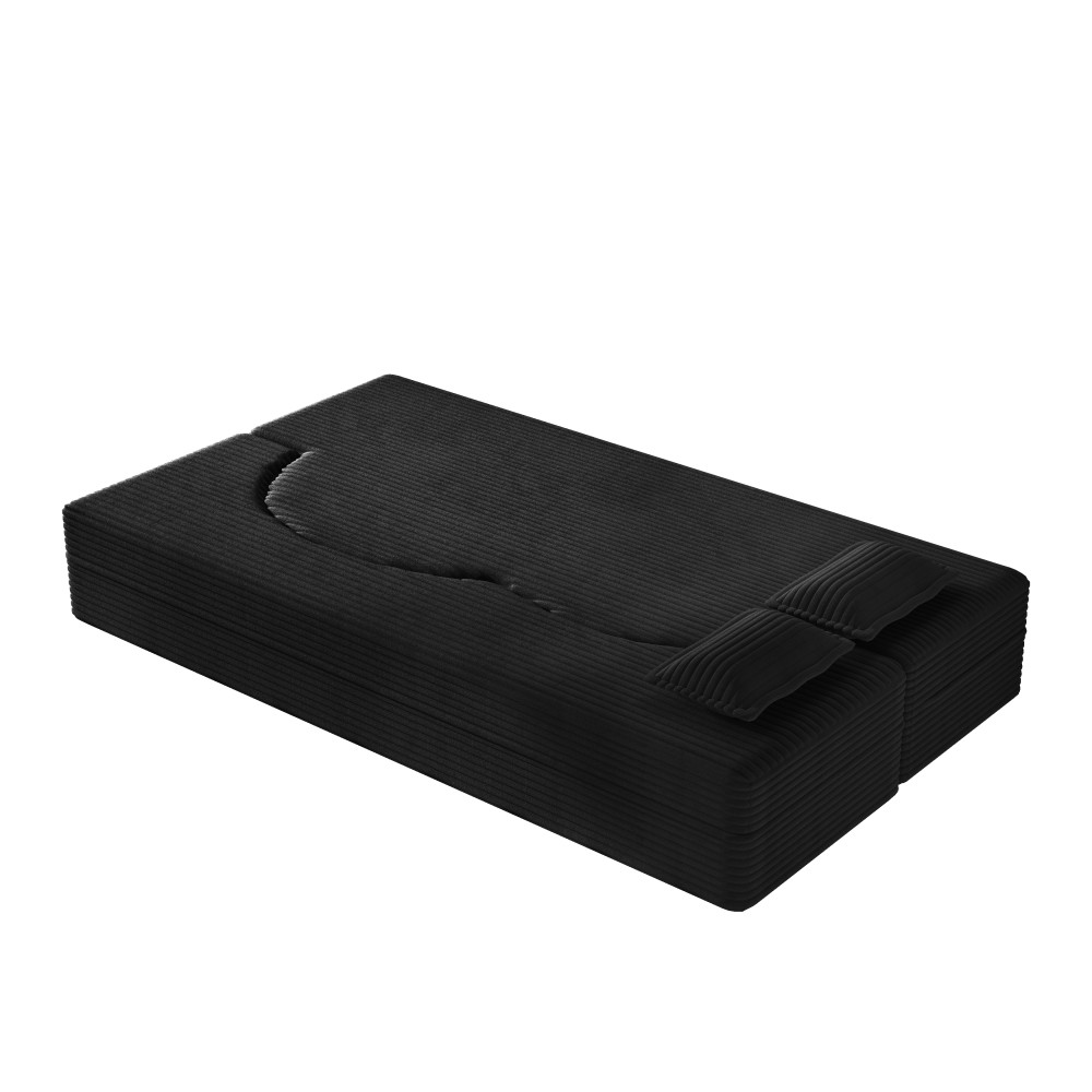 Corduroy Twin Floor Sofa Bed w/ 2 Pillows, Foldable Sleeper Couch, Black