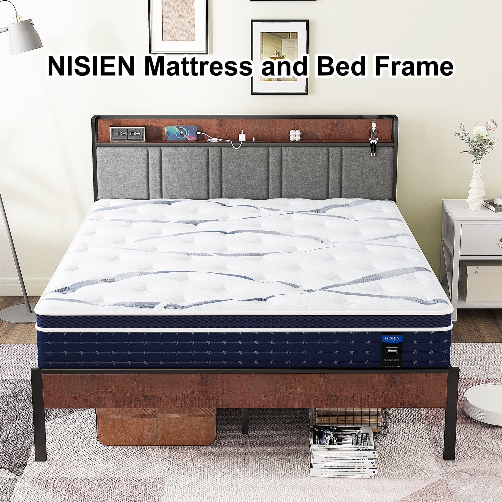 Queen Bed Frame, Platform Bed Queen Size with Charging Station and Storage Uphol