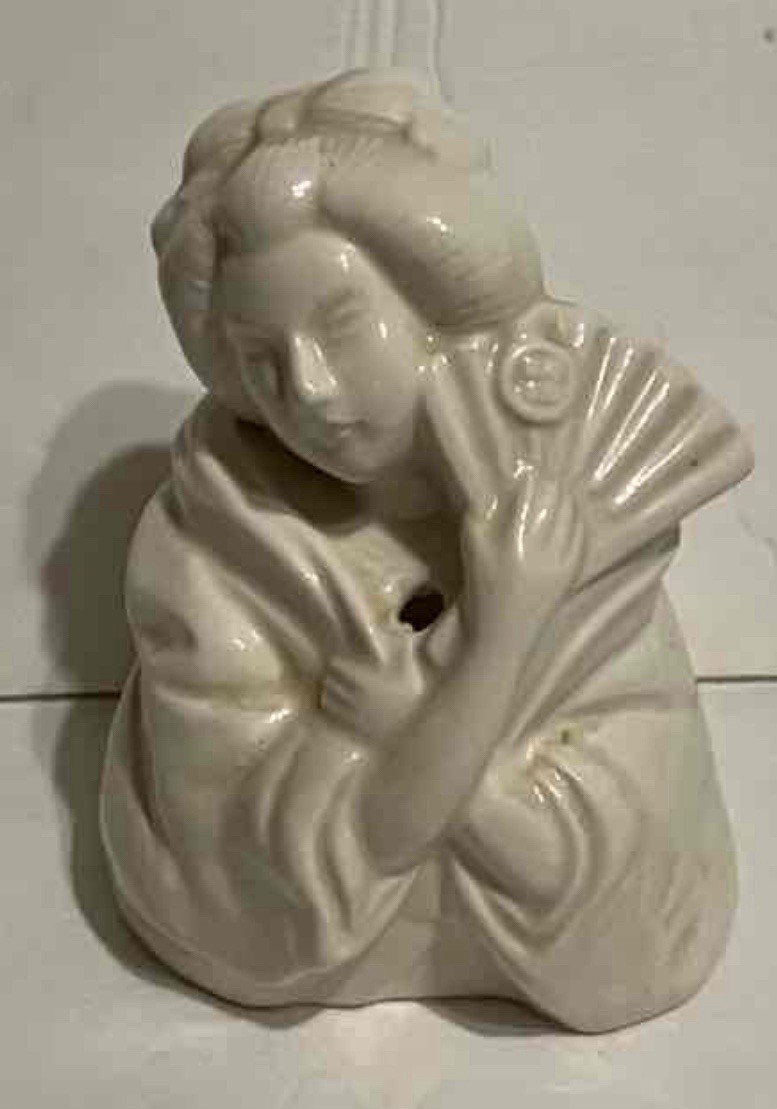 Orchids of Hawaii Ceramic White Bust Planter Woman with Fan Glazed Figurine
