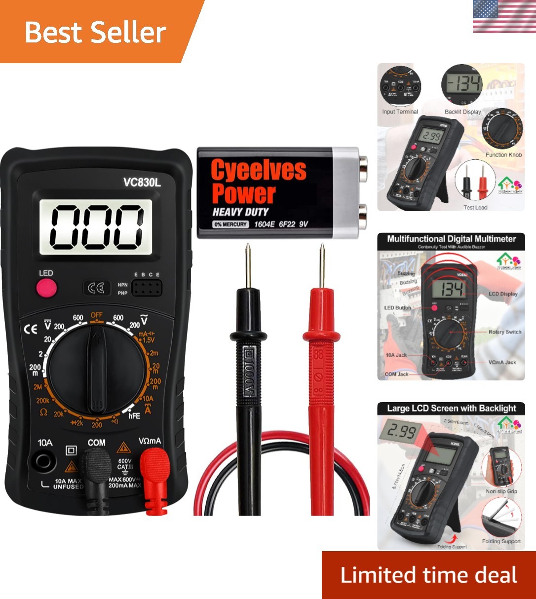 Versatile Pocket-Sized Multimeter with LCD Display for Electrical Measurements