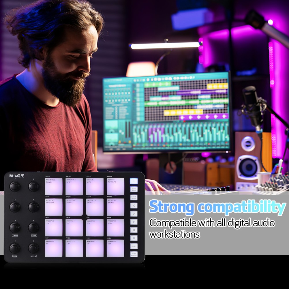 Portable MIDI Keyboard Controller 16 RGB Drum Pads 8 Knob Beat Maker Lightweight