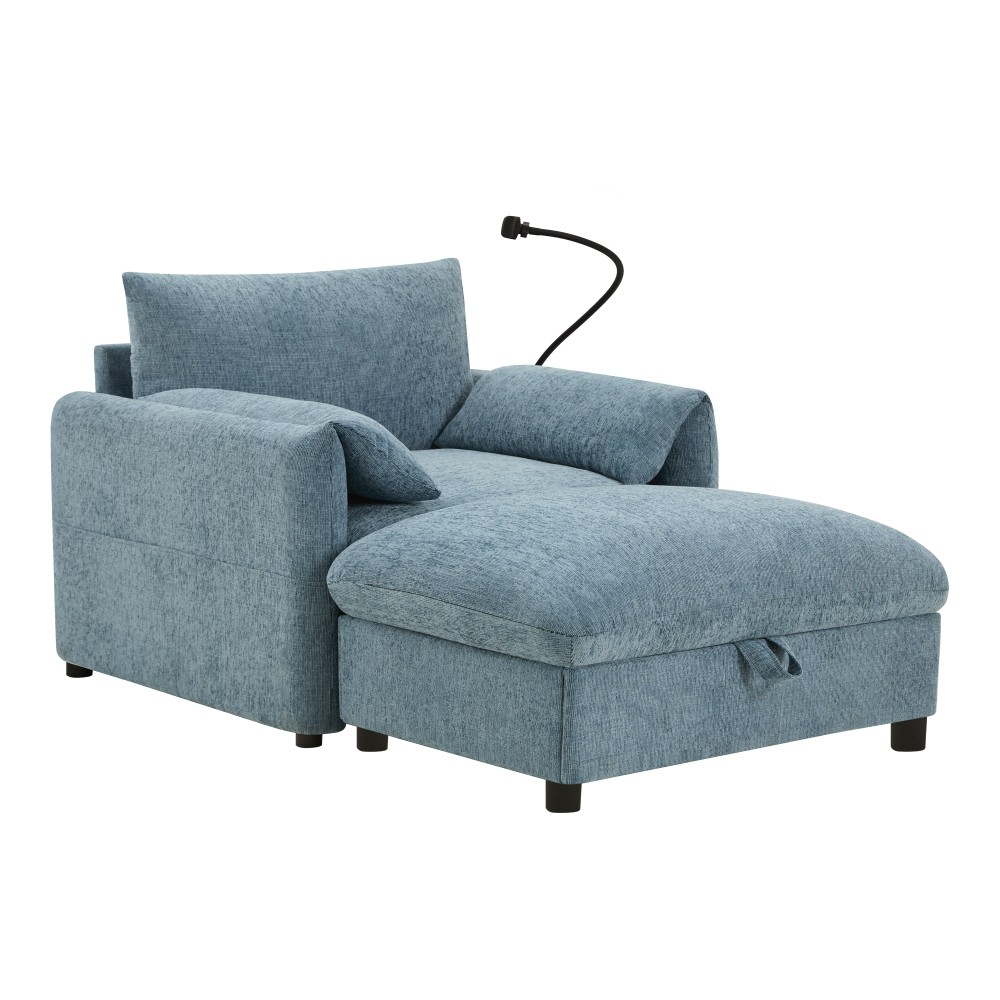 37" Cloud Chaise Sofa w/ Storage Ottoman, Charger & Phone Holder, Blue