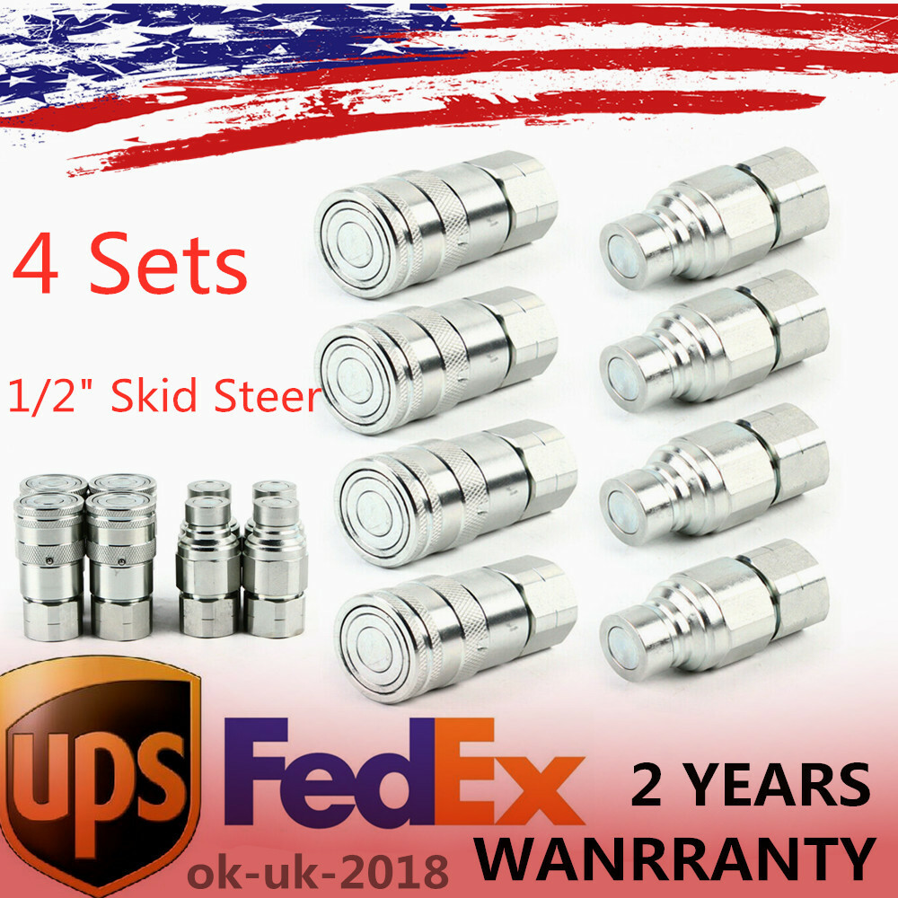 4 Sets 1/2" NPT Skid Steer Flat Face Hydraulic Quick Connect Couplers For Bobcat