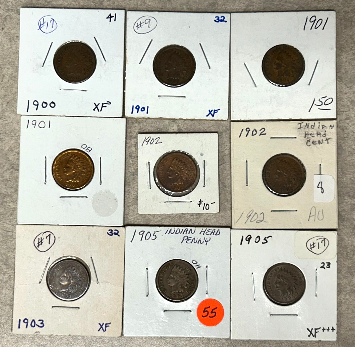 Lot of 9 Indian Head Cents - High & Higher Grade - 1900-1905