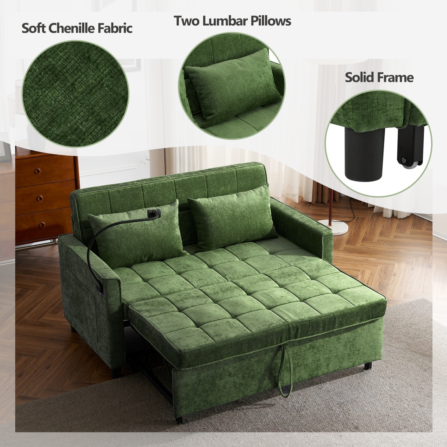 56.9'' Convertible Sleeper Sofa Bed Loveseat Sofa w/ Pull Out Bed & USB Ports