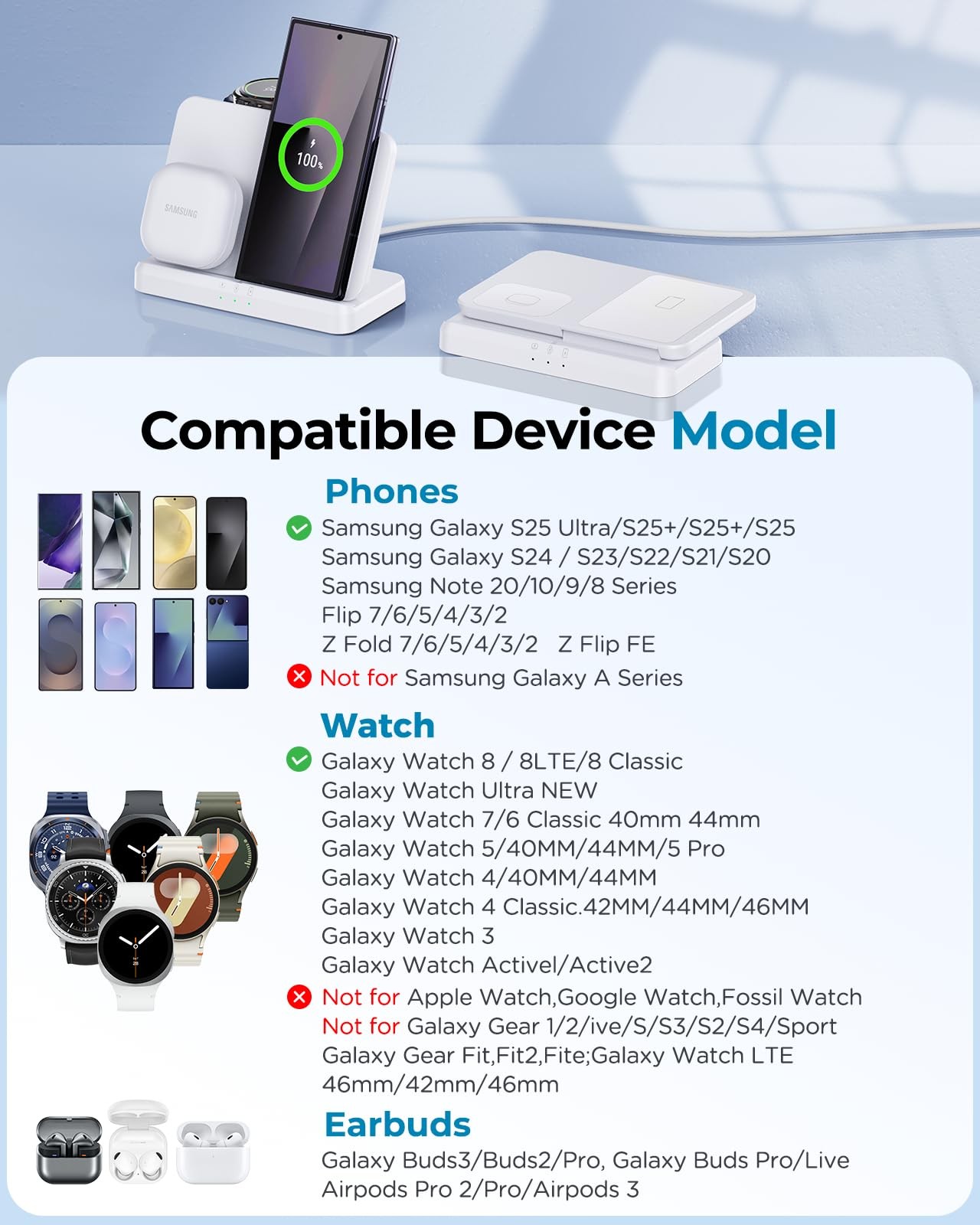 EGV Wireless Charger for Samsung – 3 in 1 Charging Station White