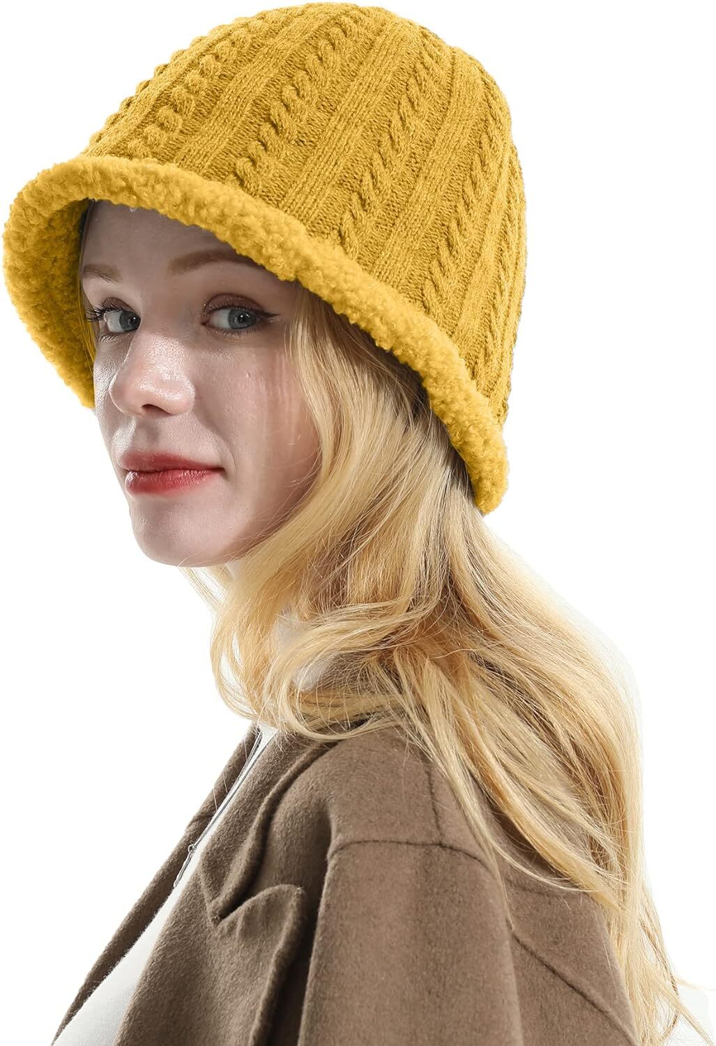 HH HOFNEN Women Girls Winter Bucket Sun Hat Warm Faux Fur Wool Turmeric