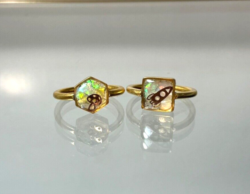 Geometric Resin Raw Opal Ring in Gold, Space Rocket or Mushroom Charm