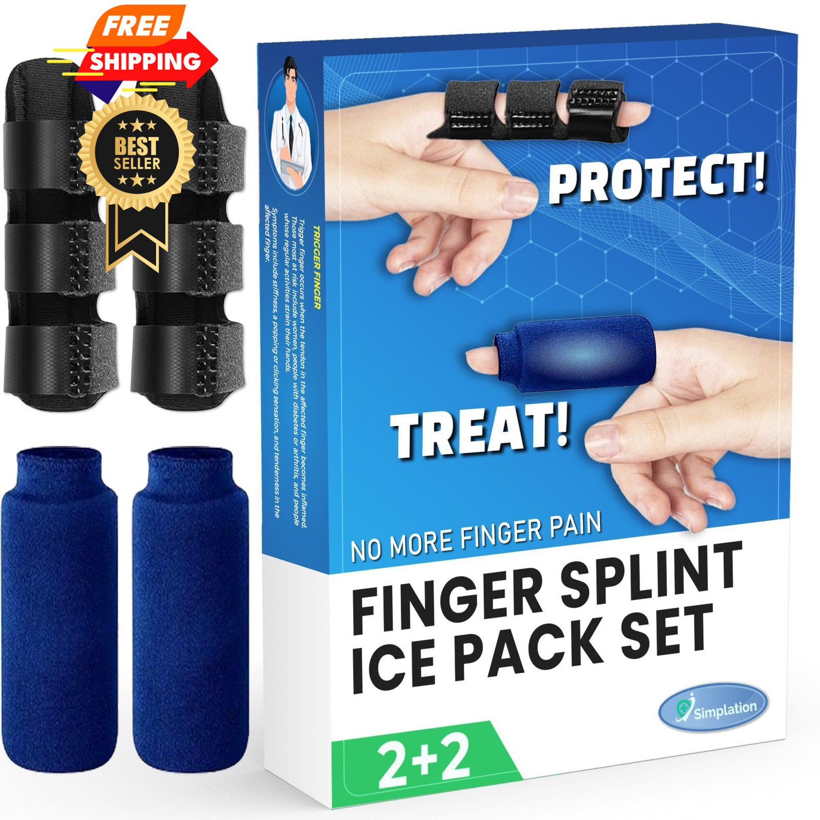 Simplation Trigger Finger Splint and Ice Pack (2+2 Set) for Pain One Size