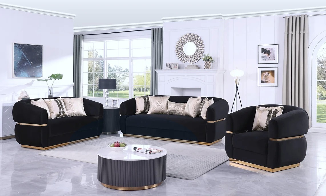 NEW Luxe Black Gold 3PC Sofa Contemporary Two-Tone Glam Velvet Living Room Set