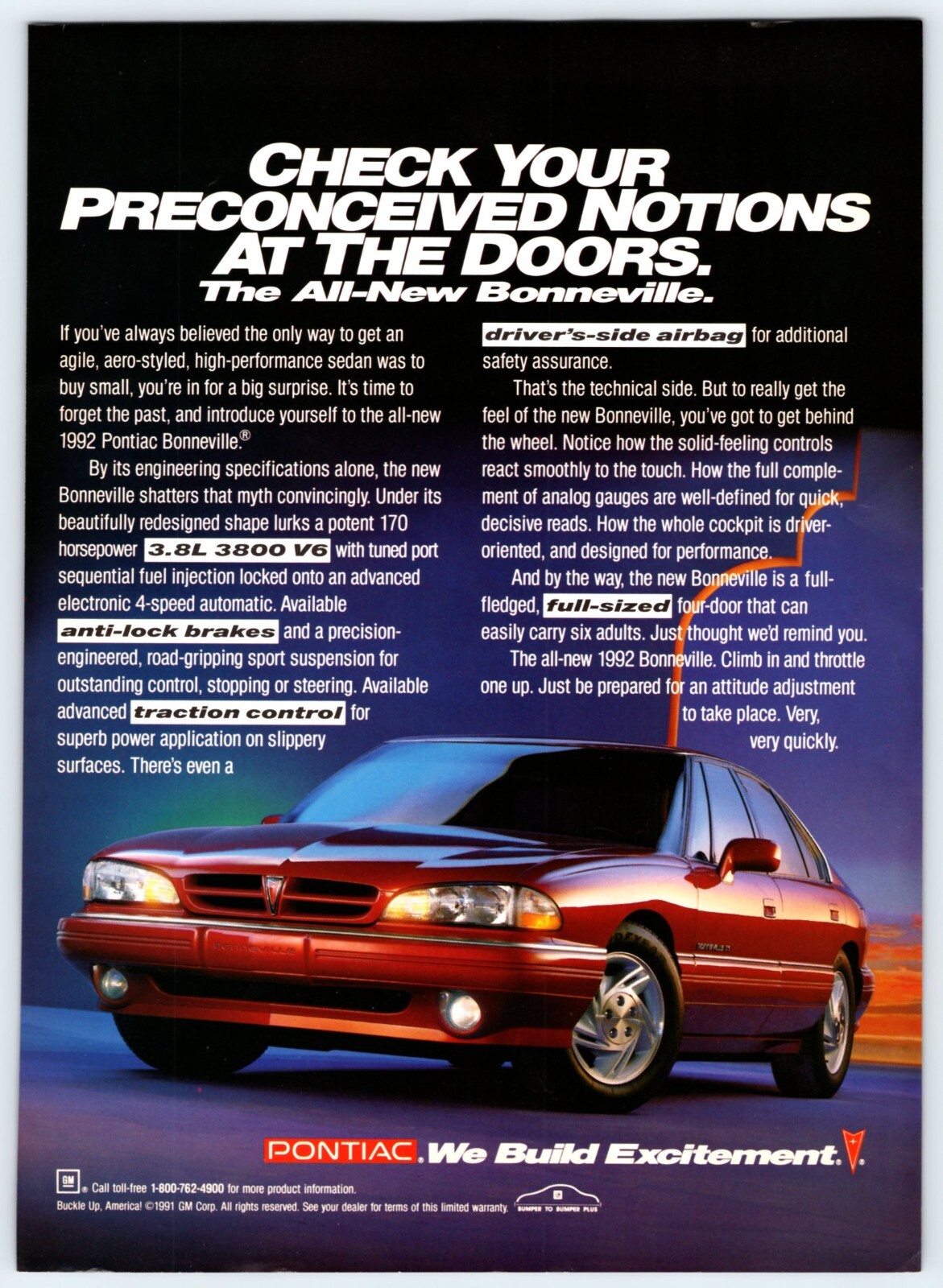 1991 PONTIAC BONNEVILLE CAR AUTOMOBILE Vintage 8"X11" Magazine Ad 1990's M626