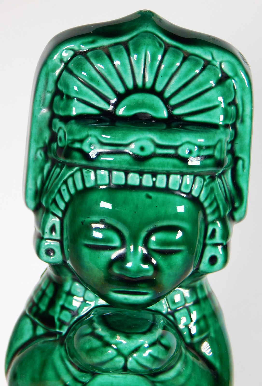 1937 AZTEC KAHLUA BOTTLE DECANTER HAND MADE CERAMIC GREEN TIKI K&B EMPTY LABEL