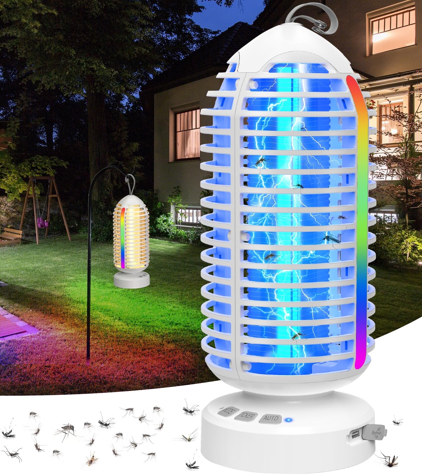 Bug Zapper Outdoor with Colorful Lighting and Auto-Sensing, 3 in 1 Cordless 4...