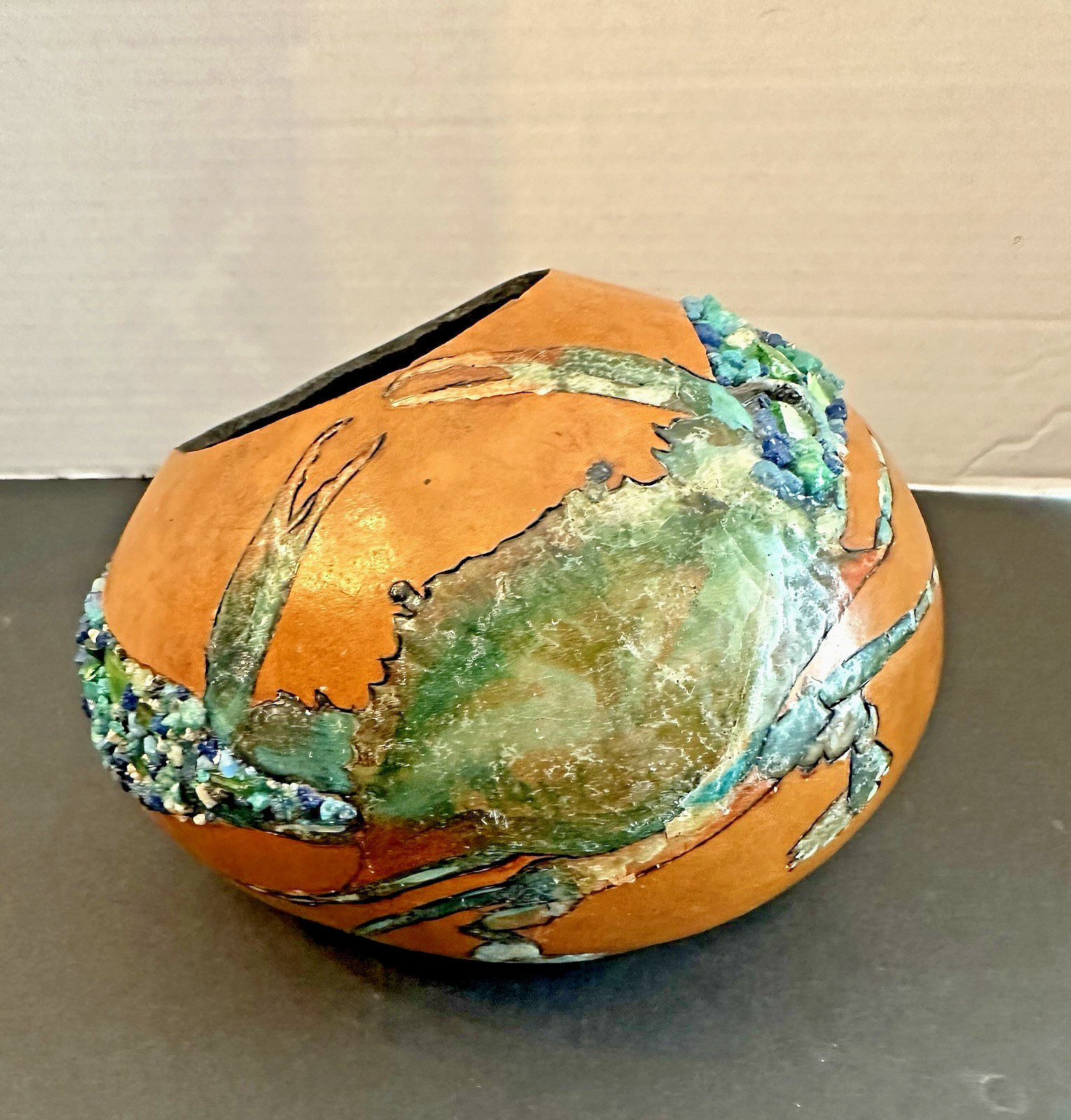 Unique Mixed Media Crab Art On Real Hollowed Out Gourd - Super Cool!