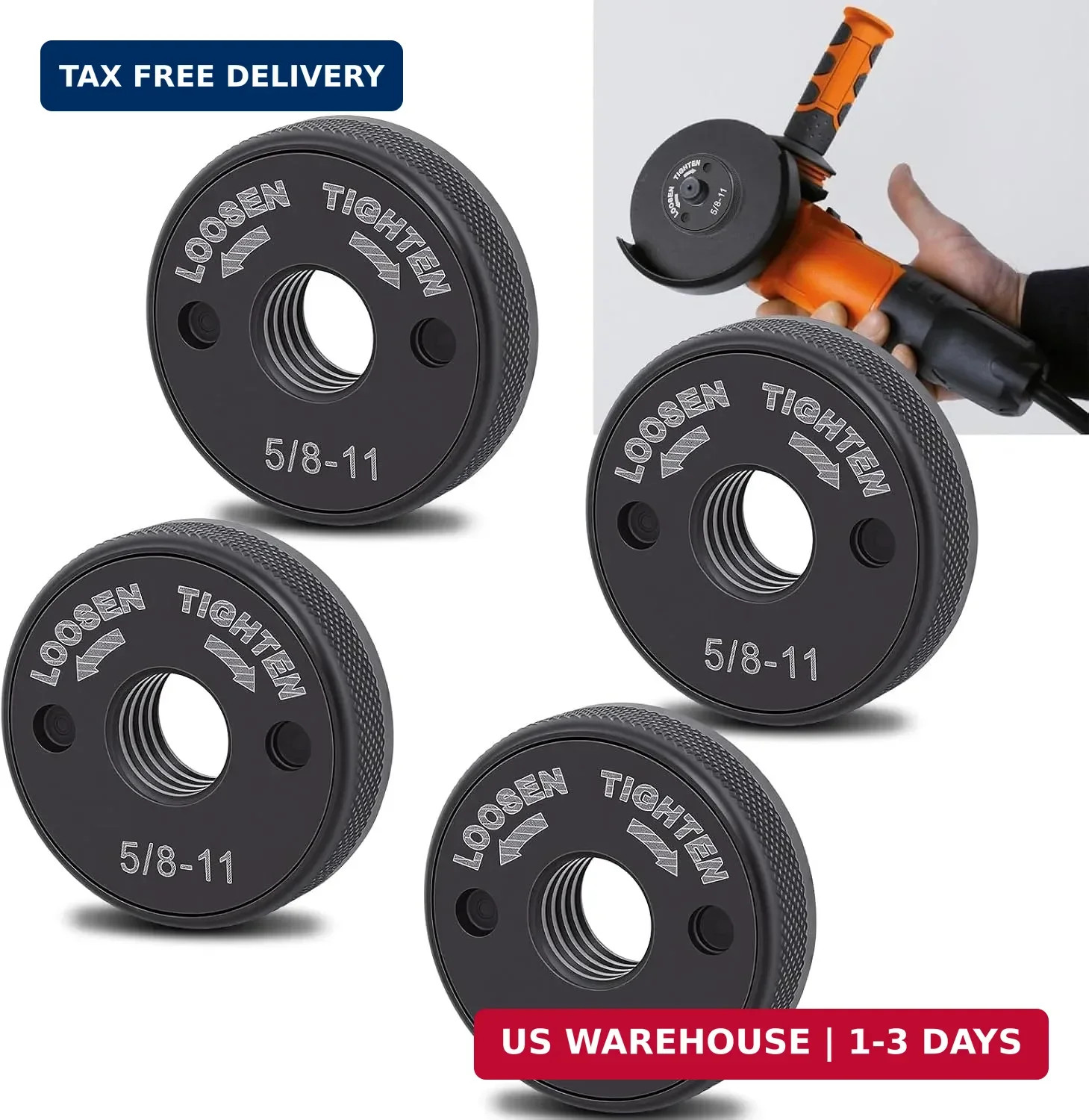 5/8-11 Quick Change Angle Grinder Nut, Self-Locking, 4 Pack | Wrench-Free Arbor