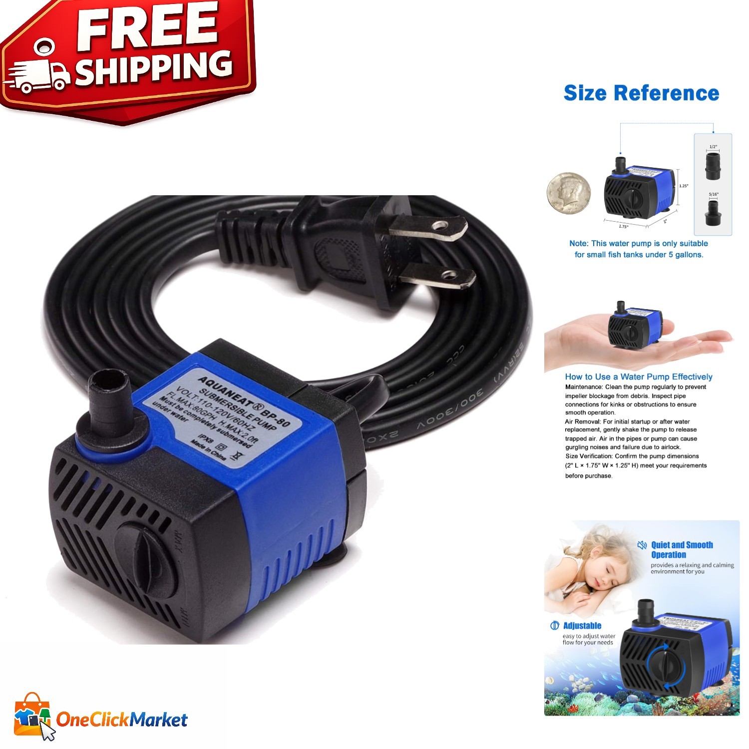 Mini 80 GPH Submersible Water Pump for Aquariums & Fountains - Compact Design