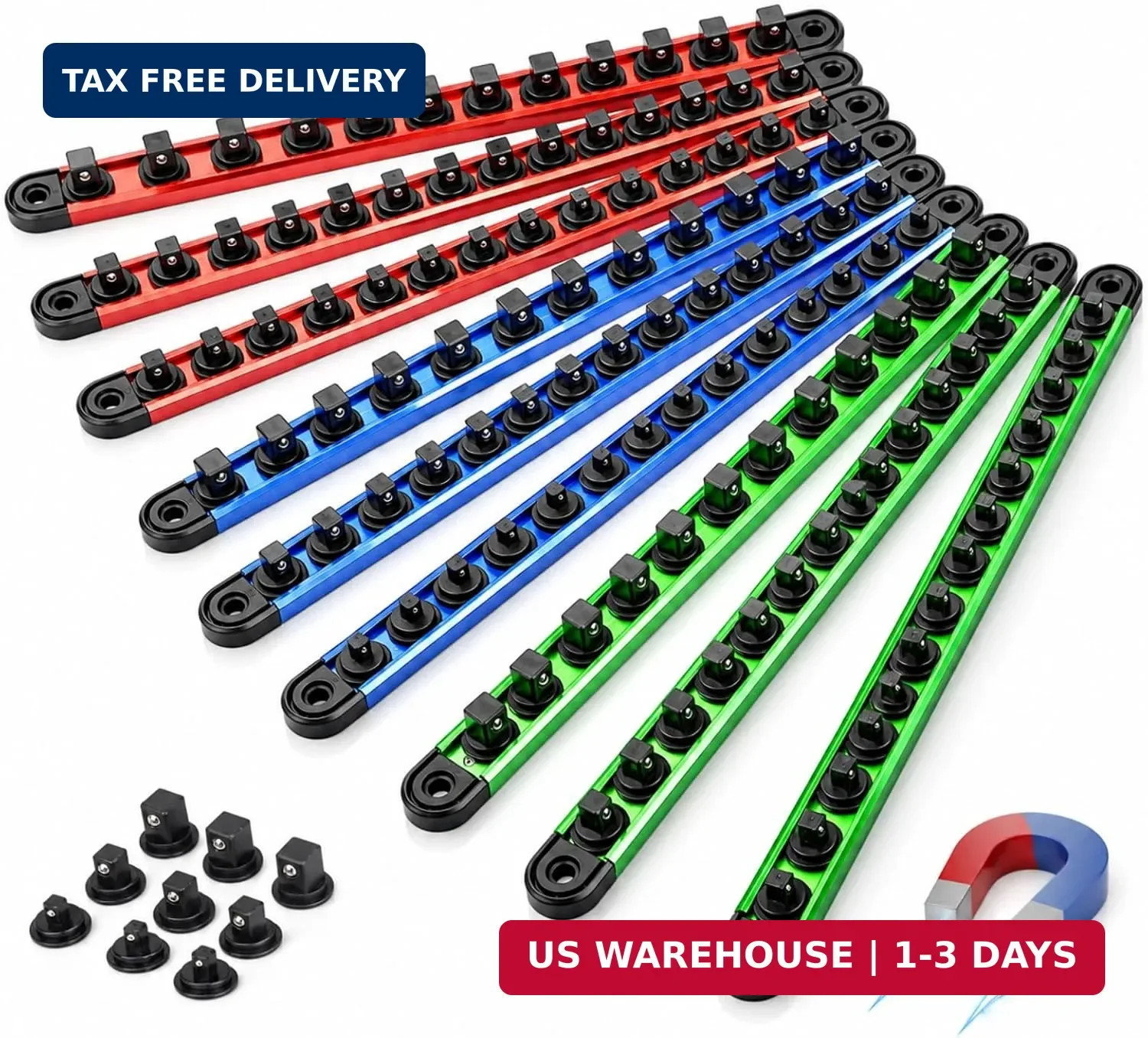 Magnetic Socket Organizer Set | 1/4" 3/8" 1/2" Socket Rail with 120 Clips | 9PCS