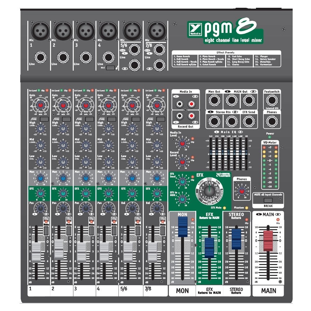 YORKVILLE PGM8 Compact 8 Channel FX Audio Mixer