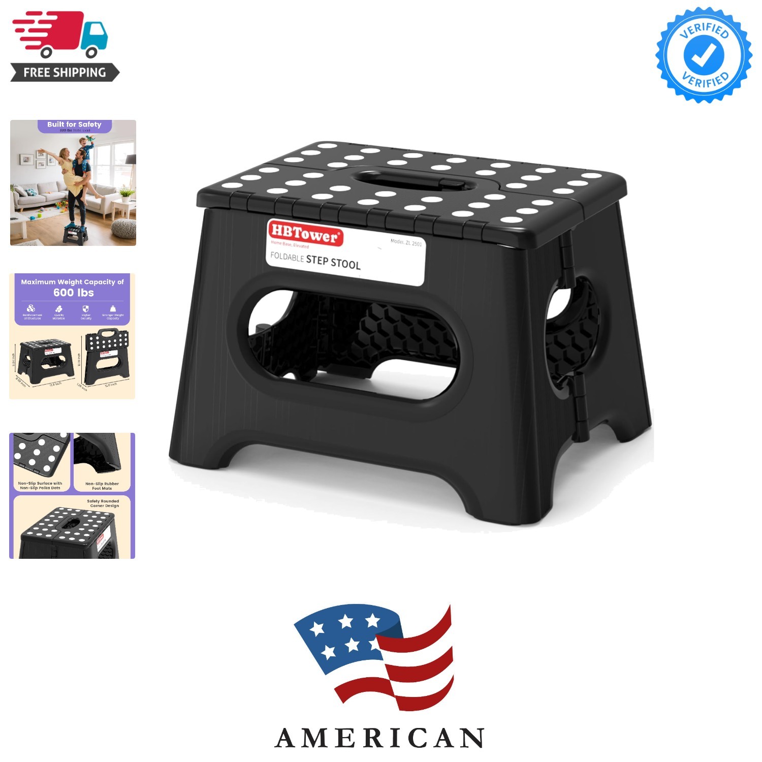 Folding Step Stool 9" Tall, 300Lb Capacity Non-Slip Collapsible Stool Black